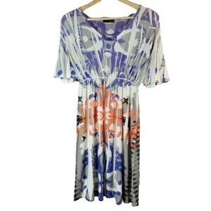 Espresso Western Boho Midi Dress Blue Medium Stretchy Scoop Neck Pleated Floral